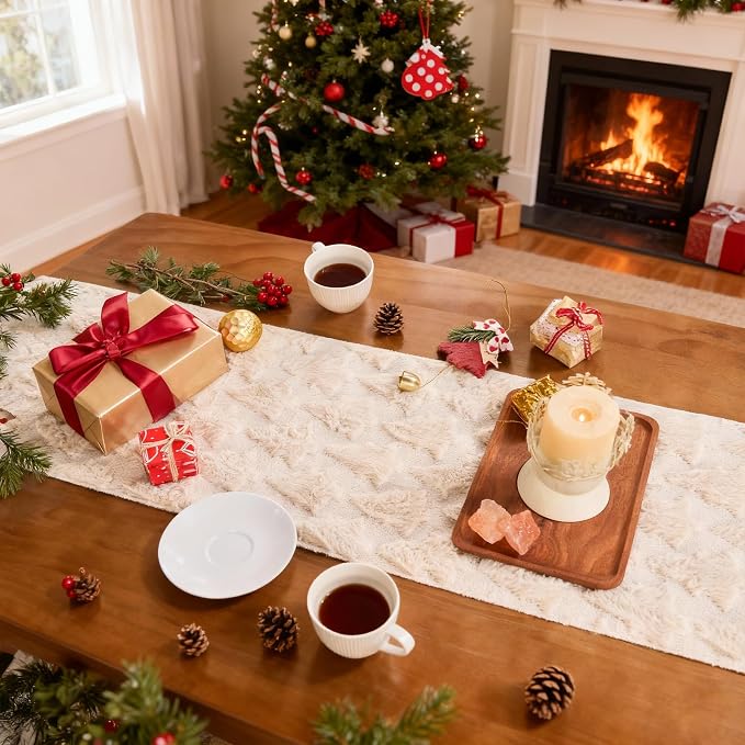 Christmas Trees Table Runner Soft Plush Faux Fur Cream Tree Christmas Table - Image 6