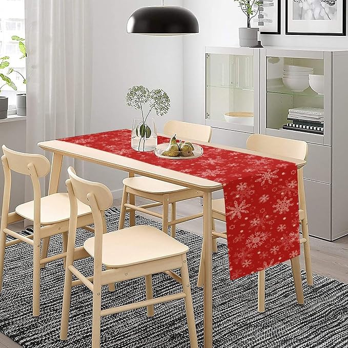 Red Snowflakes Christmas Table Runner, Seasonal Winter Holiday Kitchen Dining - Image 3
