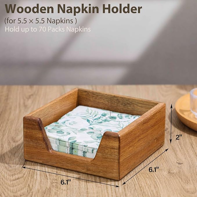 Cocktail Napkin Holder for 5.5 x 5.5 inch Napkin, Acacia Wood Napkin Holder | - Image 2