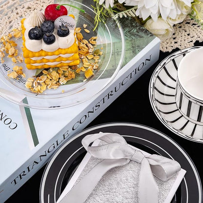 I00000 100Pcs Clear Silver Plastic Plates,Silver Rim Plates 7 Inch,Heavy Duty Premium Clear Dish for Wedding Party Supplies for Salad Dessert Cake