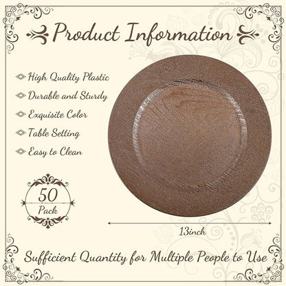 Mifoci 50 Pcs Faux Wooden Charger Plates 13 Inch Round Rustic Plastic Plates Antique Design Bulk Decorative Chargers for Dinner Tray for Wedding Dinner Table Farmhouse Party Event(Brown)