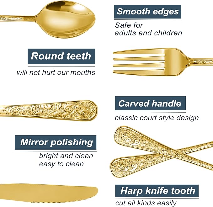 Runfly Vintage Carved Gold Stainless Steel 20-Piece Flatware Set | Silverware - Image 3