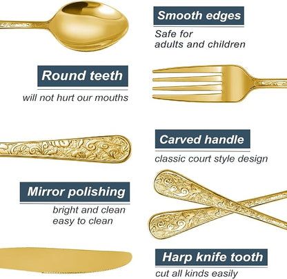 Runfly Vintage Carved Gold Stainless Steel 20-Piece Flatware Set | Silverware - Image 3