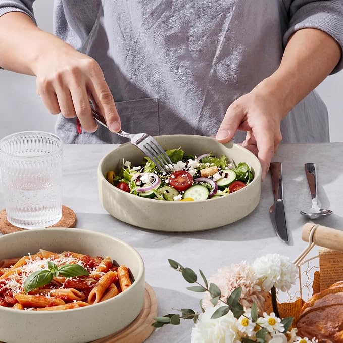E-far Pasta Bowls Set of 6, 35 oz Large Stoneware Bowl Plates | Shallow & Wide - Image 3