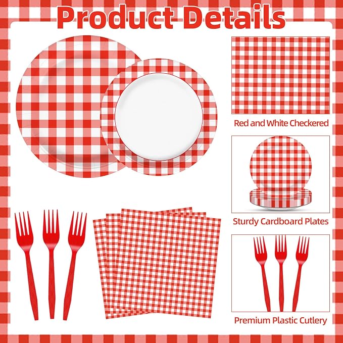 100 Pcs Red White Gingham Party Supplies Set, Serves 25 – Disposable Checkered - Image 3