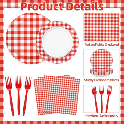 100 Pcs Red White Gingham Party Supplies Set, Serves 25 – Disposable Checkered - Image 3