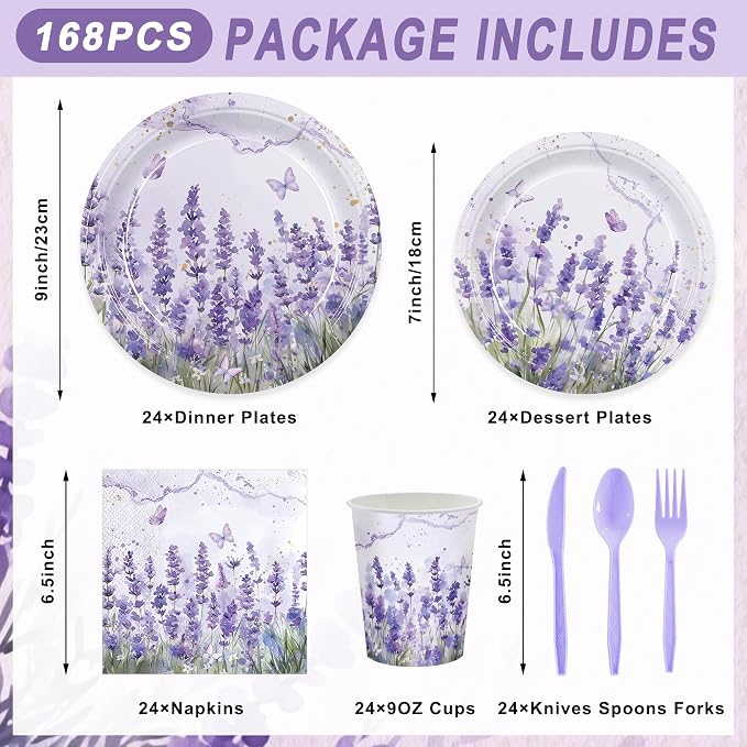 168pcs Purple Lavender Floral Paper Plates Napkins Party Supplies Serve 24 | - Image 2