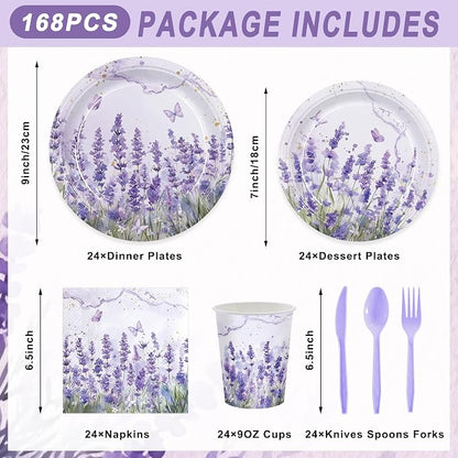 168pcs Purple Lavender Floral Paper Plates Napkins Party Supplies Serve 24 | - Image 2
