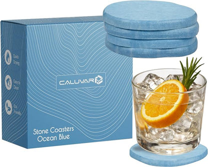 Stone Coasters Set of 4 Ocean Blue, Absorbent Diatomaceous Earth Coastal Decor by CALUVAR