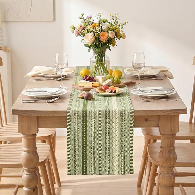 Artoid Mode Army Green Farmhouse Stripe Braided Table Runner 12x48 Inch | - Image 2