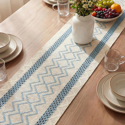 Artoid Mode Sky Blue Stripe Diamond Woven Table Runner 12x72 Inch | Holiday - Image 3