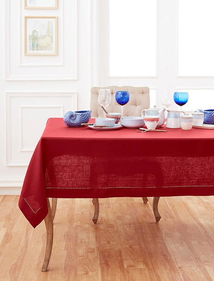 Solino Home Linen Tablecloth 60 x 120 Inch - Classic Hemstitch 100% Pure Linen Red Table Cloth for Rectangle Tables - Machine Washable Tablecloth for Valentines, Winter