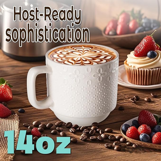Large Coffee Mug Set of 4 with Stand and Spoons – 14oz Heavy Duty Ceramic Cups - Image 5