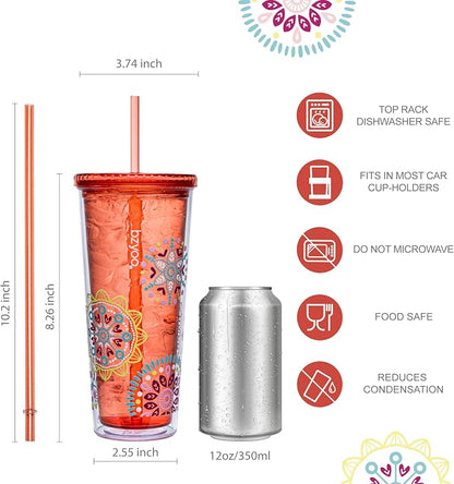 bzyoo 24oz Plastic Tumbler Cup, Lid & Straw, Iced Coffee, Medallion Orange | - Image 5