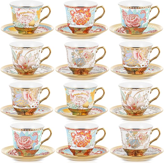 Teenyyou Set of 12 Tea Cups and Saucers Tea Party Decorations Floral Porcelain by Teenyyou