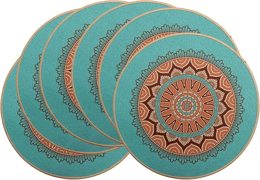 PIGCHCY Round Boho Placemats Set of 6, Rubber Heat Resistant Tabel Mats, Waterproof Washable Placemat for Dining Table Decoration (Teal)