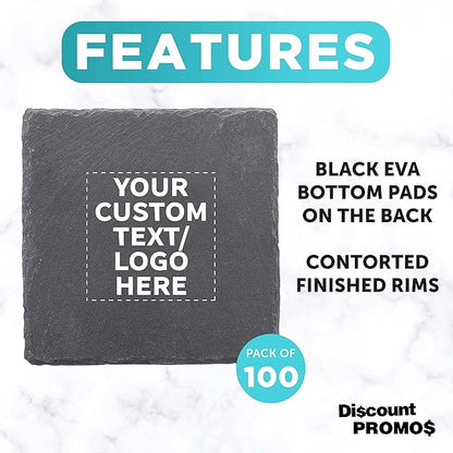 Custom Sohag Square Slate Coasters Set of 100, Personalized Bulk Pack - Table Decor, Kitchen Decor, Wedding Favors - Black