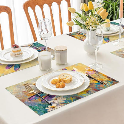 Dragonfly Placemats Set of 4, Dragonfly Flower Table Mats, Floral Washable Place Mats for Coffee Bar Home Party Indoor Kitchen Dining Table Decoration 12x18 Inch