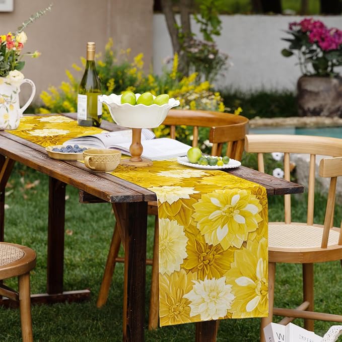 Yellow Dahlia Flower Summer Table Runner Yellow Gray Burlap Table Runners - Image 7