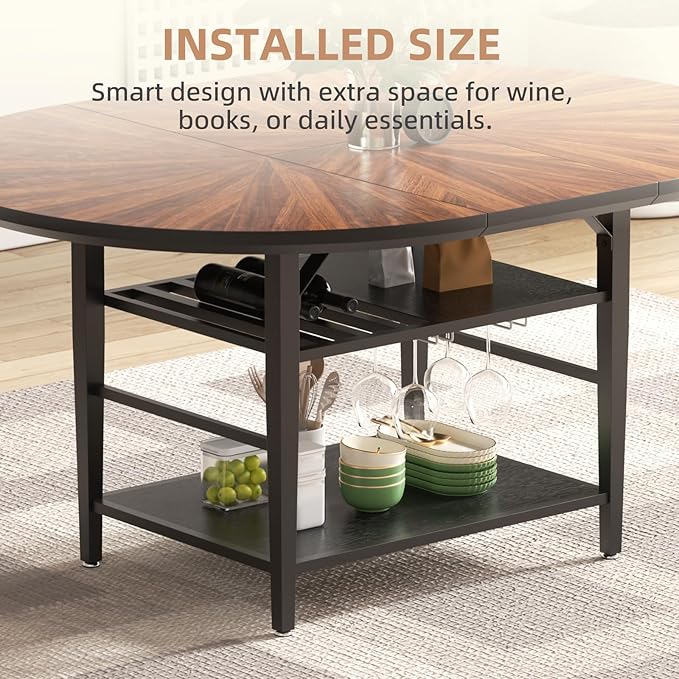 VFK 47.2"-63" Extendable Round Dining Table Set for 4–6, Solid Wood & Metal Table with Wine Rack Storage Shelf, Walnut Kitchen Furniture with 6 Upholstered Chairs (Storage Table and 6 Brown Chairs)