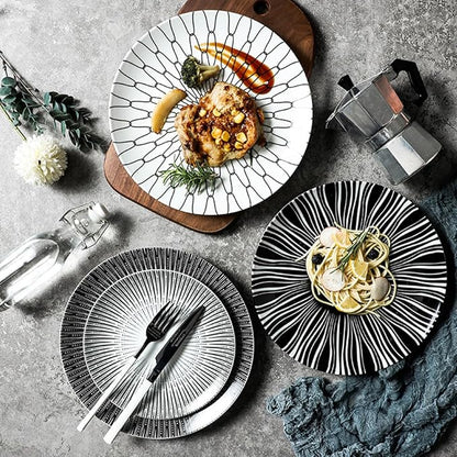 PRETYZOOM Nordic Style 10-inch Ceramic Dinner Plate with Black Striped Pattern, Western Pasta and Dessert Plate for Restaurant and Home Serving