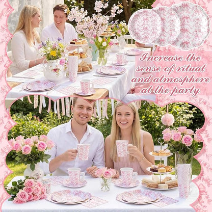Pickmesh 252 Pcs Pink Bow Floral Tea Party Supplies - Image 6