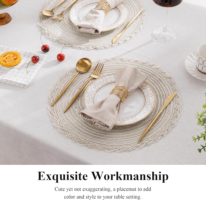 SHACOS Boho Round Placemats Set of 8 Braided Border Round Place Mats 15 inch - Image 8