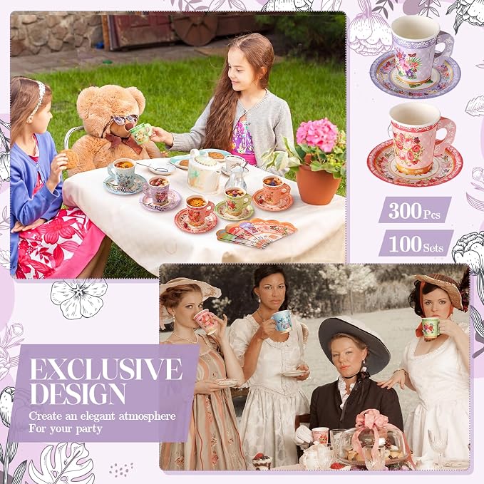 Nuogo 300 Pcs Vintage Floral Disposable Tea Party Set - Image 5