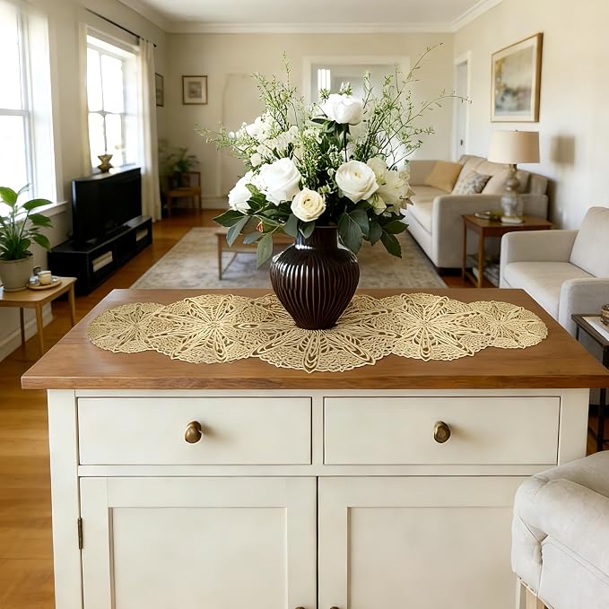 FAVE Gold Small Table Runner 36 Inch Dresser Vinyl Runner | Heat Resistant - Image 4