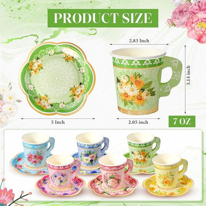 Nuogo 300 Pcs Floral Paper Tea Cups and Saucers 7 OZ Disposable Cups - Image 2