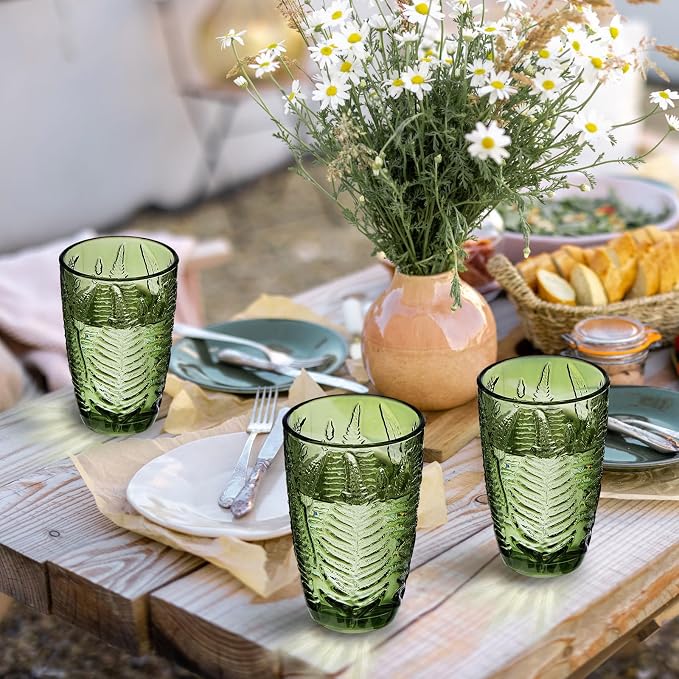 Reallnaive 12 oz Green Drinking Glasses Set of 8, Vintage Glassware - Image 5