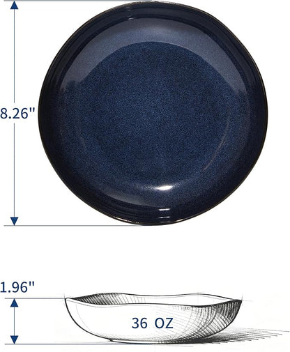 Stoneware Pasta Bowls Set of 4, 8.26" Large Serving Bowls, Chip Resistant Plate Bowls, Salad Serving Bowl for Lunch, Unique Irregular Look, Starry Blue