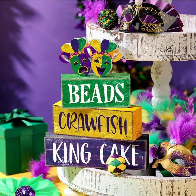 Moucuny 4 Pcs Mardi Gras Table Decorations Wooden Mask Decor Purple Golden - Image 2