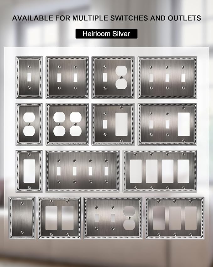 4-Pack Duplex Outlet Cover, Silver Metal Wall Plates for Electrical Outlets, 1 Gang Receptacle Light Switch Cover, Pearls Beaded Decorative Switch Plates and Outlet Covers