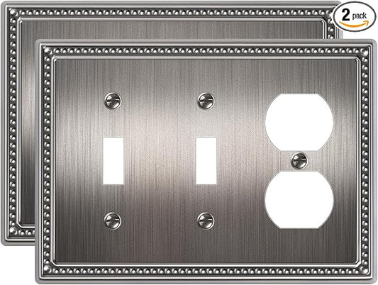 2-Pack Combo Duplex/Double Toggle Light Switch Cover Plate, Antique Silver Pearls Decorative Switch Plates and Outlet Covers, Metal Wall Plates for Electrical Outlets