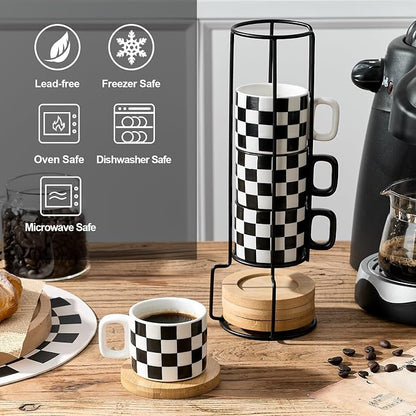 LUKA Ceramic Stackable Black and White Checkered Espresso Cups - Image 4
