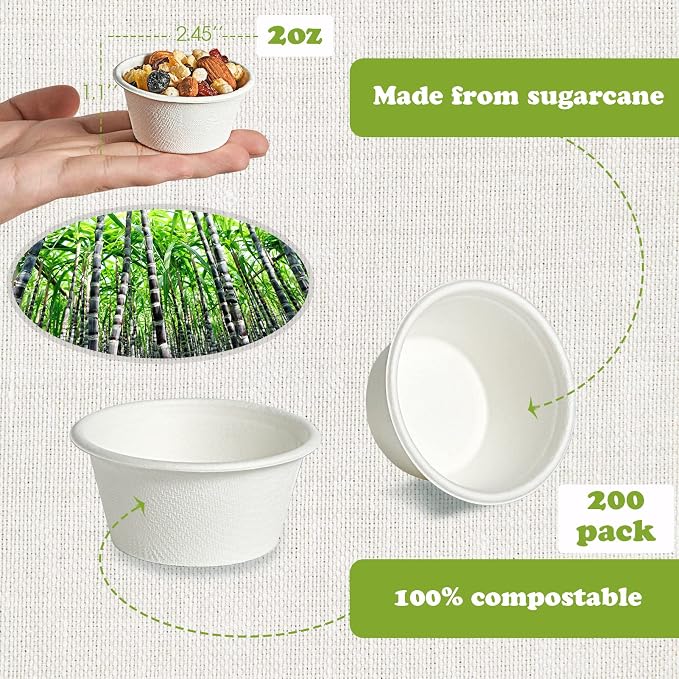 ECOLipak 200 Pack 2 oz Compostable Portion Cups, Biodegradable Souffle Cups | - Image 2