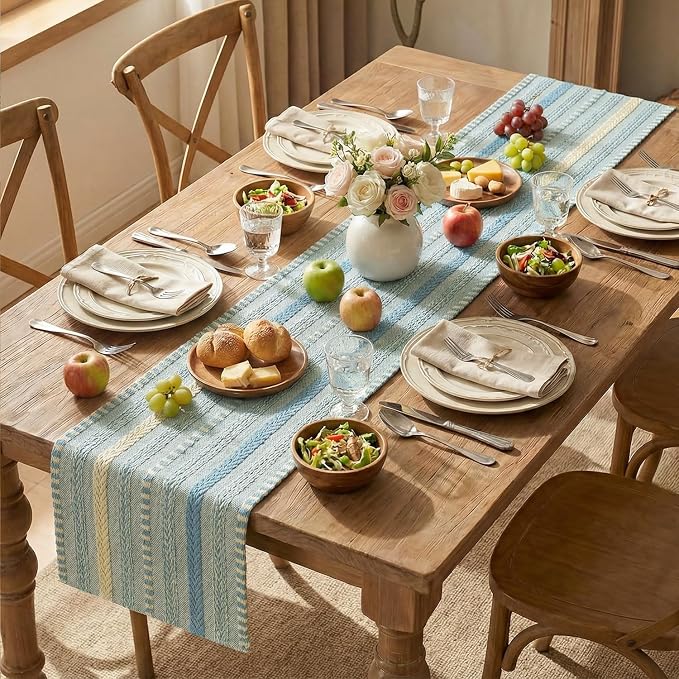 Artoid Mode Sky Blue Farmhouse Stripe Braided Table Runner 12x72 Inch | Holiday - Image 5