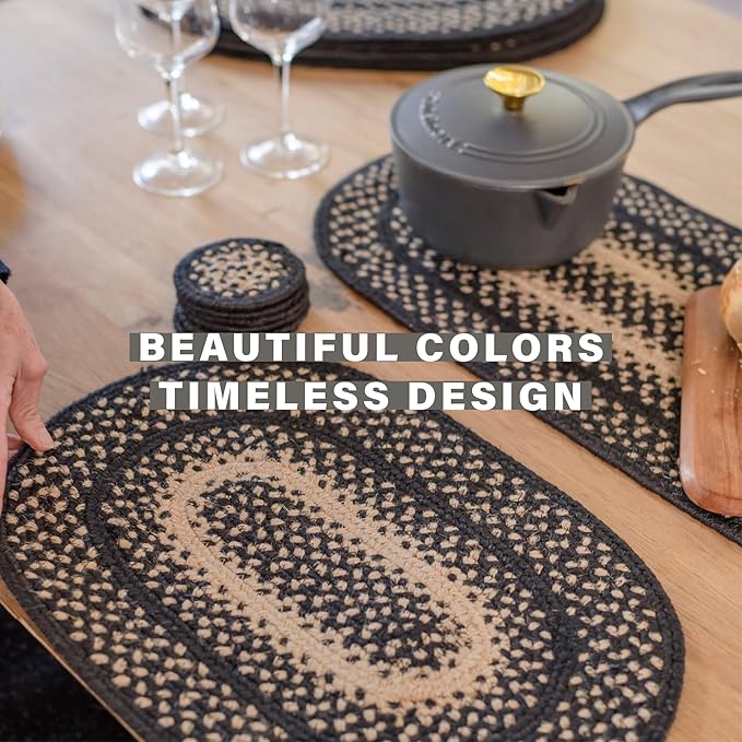 Homespice Manchester Jute Woven Placemats, Country Primitive Decor, Set of 4, Black and Tan 13x19 Rectangle Table Mats - Vibrant Colors, Durable, Easy to Clean and Protects Furniture