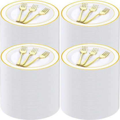 Eccliy 400 Pieces Plastic Cake Plates with Dessert Forks, 7.5 Inch Disposable Plastic Plates Appetizer Plates Salad Plates Party Plates Heavy Duty for Wedding Reception Parties Holidays (Gold)