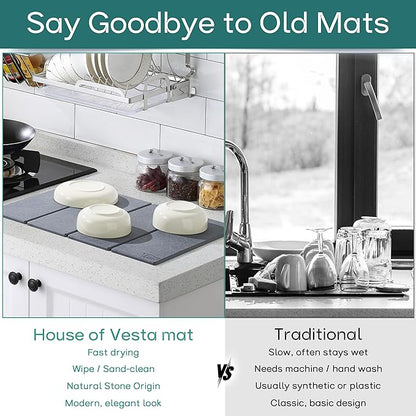 Stone Drying Mat For Kitchen Counter, Diatomaceous Stone Dish Drying Mat For Kitchen - Quick Drying Dish Mat - Water Absorbing Stone Tray, Foldable, Eco-Friendly, Gray Color (23.5 x 15.4")