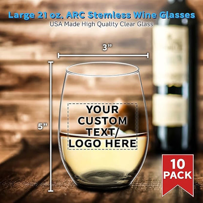 DISCOUNT PROMOS 10 ARC Stemless Wine Glasses Set, 21 oz. - Customizable Text, Logo - Chardonnay, Cabernet, Merlot, Sauvignon - Black