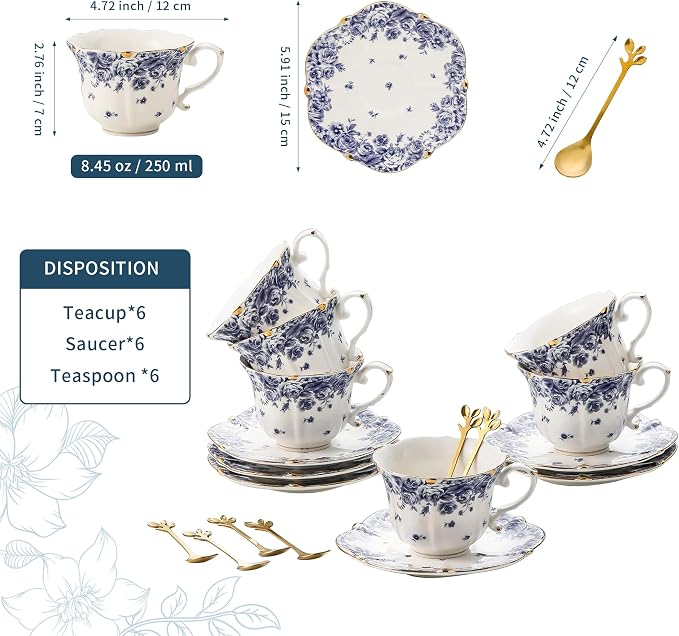 TATSUMI Country Roses Bone China Tea Cup and Saucer Set, 6 Pieces, Vintage Style - Image 2