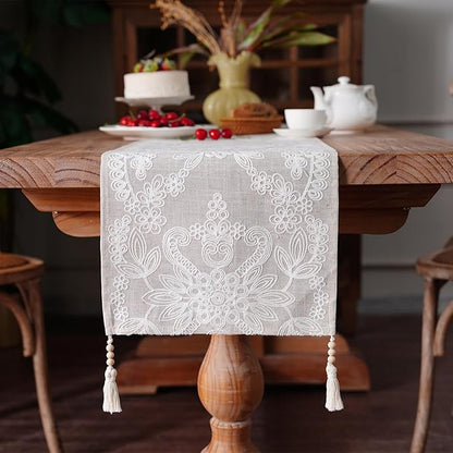 Embroidered Table Runner Boho Farmhouse Dresser Scarf, 4 Tassel Pendants by ARTBLOSS