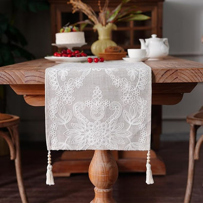 Embroidered Table Runner Boho Farmhouse Dresser Scarf, 4 Tassel Pendants - Image 2