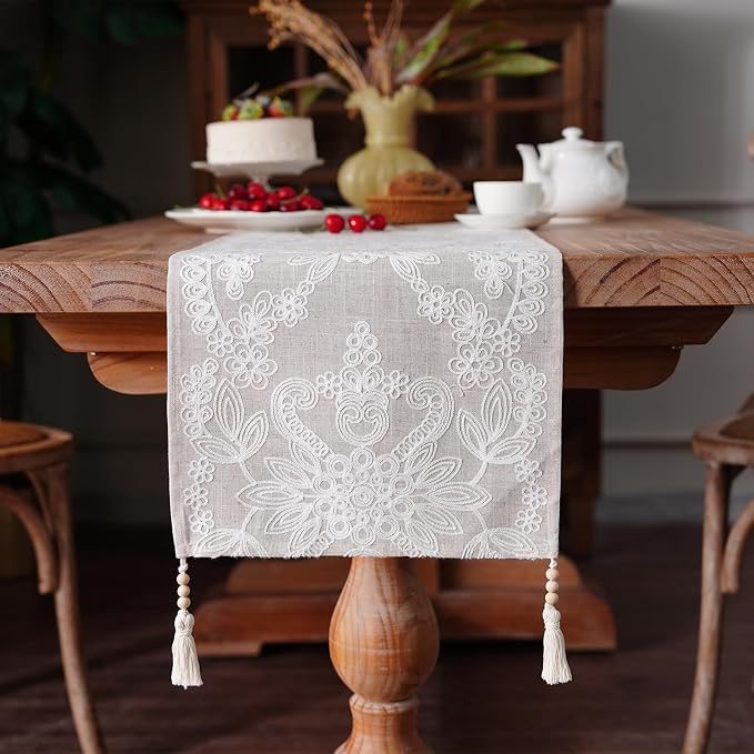 Embroidered Table Runner Boho Farmhouse Dresser Scarf, 4 Tassel Pendants by ARTBLOSS