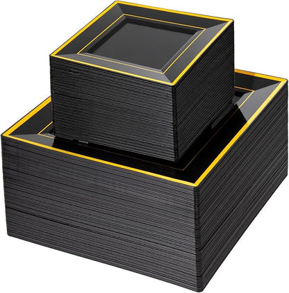 Liacere 100PCS Black and Gold Square Plastic Plates-50PCS Dinner Plate and 50PCS Dessert Plate-Durable Fancy Disposable Plates for Party & New Year & Martin Luther King Jr. Day