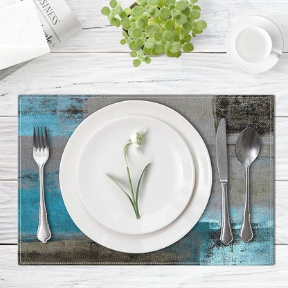 Emvency Farmhouse Placemats Set of 4, Vintage Blue and Grey Art Painting 12x18 Inch Abstract Gray Table Mats for Outdoor Home Party Kitchen Dining Decoration