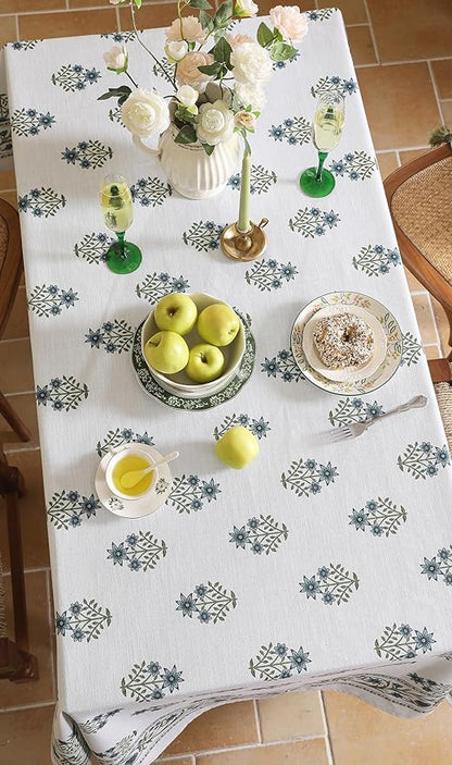 ISAENNE Designer White Linen Small Rectangular Tablecloth,Chinoiserie Floral Elegant Indoor Table Cloth,Fall Stain Proof Decor Tablecloths for Dining Thanksgiving Kitchen,55"*71"-Mosella F