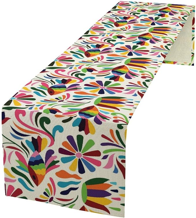 YCness Mexican Floral Themed Table Runer, Linen Colorful Mexican National - Image 2
